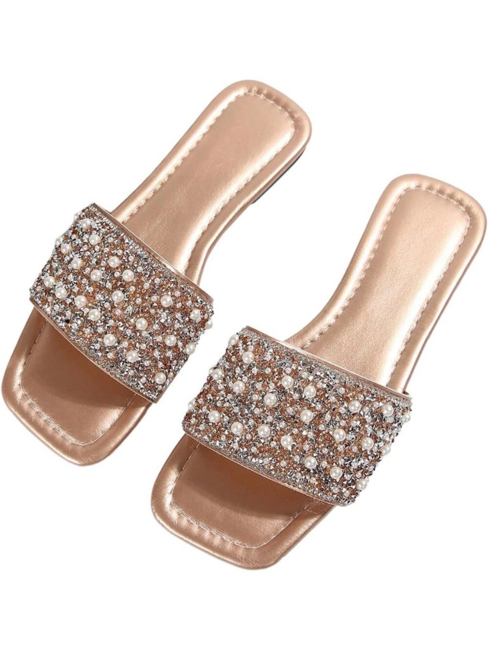 Women's Champagne Square Toe Sparkly Rhinestone Jeweled Pearl Boho Summer Shoes